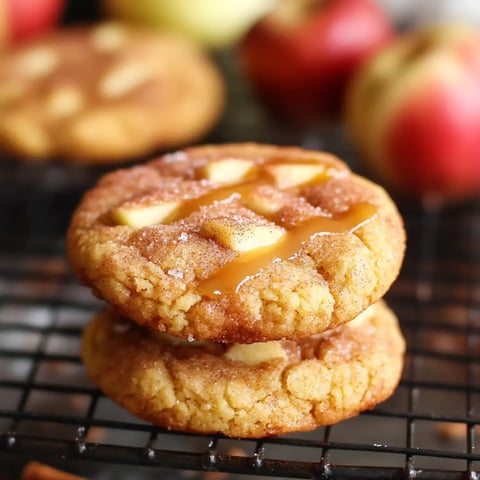 Two apple cookies with caramel are piled on a cooling rack, with fresh apples faintly visible behind them.