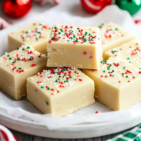 A dish of creamy white fudge chunks topped with festive red, green, and white sprinkles.