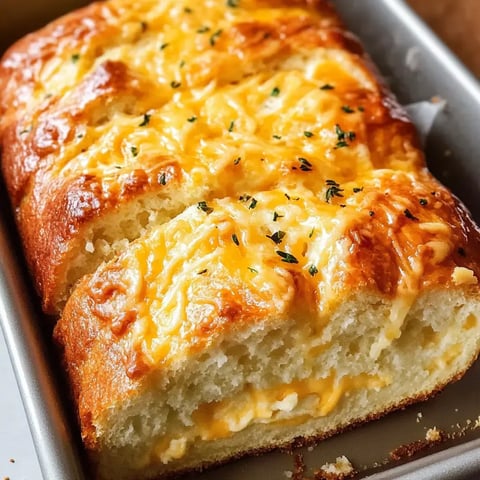 A golden-crusted bread loaf cut open showing its fluffy interior with melted cheese and green herb flecks scattered on top.