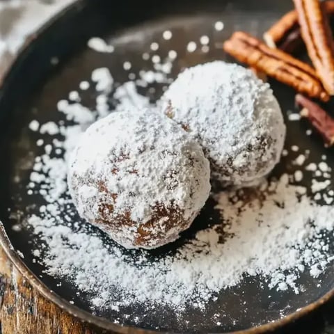 Two sugar-dusted chocolate balls sit on a dark plate with cinnamon sticks nearby and powdered sugar sprinkled around them.