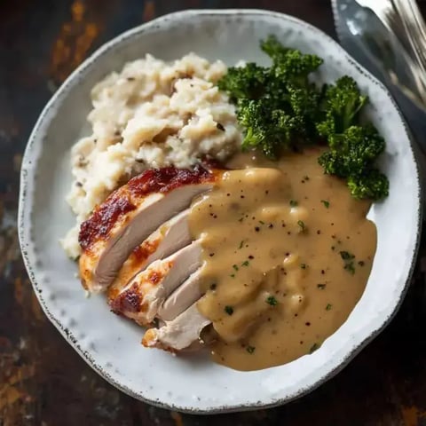 Sliced roast turkey drizzled with warm gravy, alongside mashed potatoes and greens.