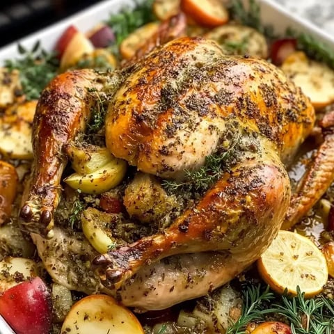 A golden-brown roasted turkey garnished with fresh herbs, lemon slices, and vegetables.