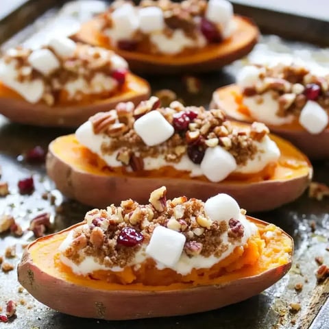Twice baked sweet potatoes with marshmallows, pecans, and cranberries sitting on a sheet pan.
