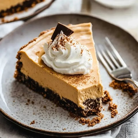 A slice of pumpkin dessert topped with whipped cream and chocolate, sitting on a gray plate with a fork nearby.