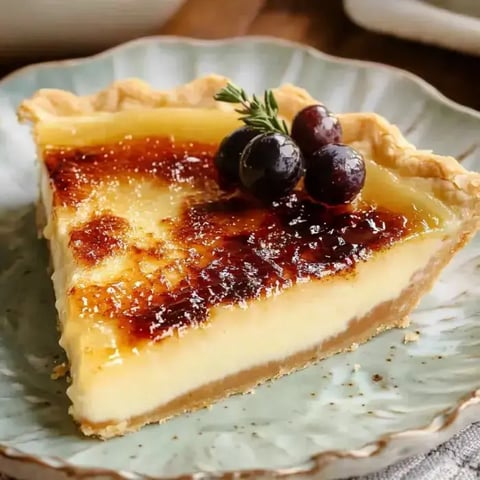 Creamy pie slice with a golden caramel top, blueberries, and fresh mint sprig, plated beautifully.