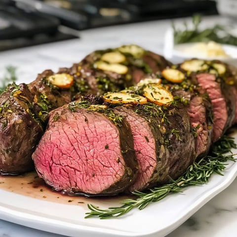 A juicy beef roast topped with herbs and garlic sits ready to serve on a white serving plate.