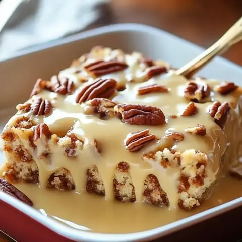 A creamy pecan cake slice coated in sauce and nuts being served from a plate.