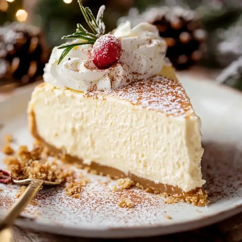 A piece of smooth cheesecake with fluffy cream on top, some fresh rosemary, and a red berry sits on a fancy dish, dusted with sugar powder.