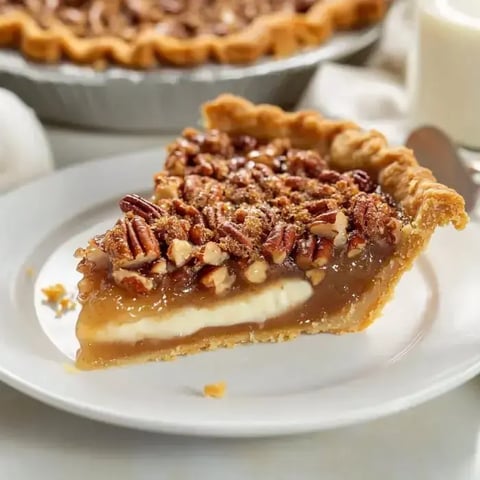A close-up of a single slice of pecan pie with a creamy bottom and caramel-colored topping.