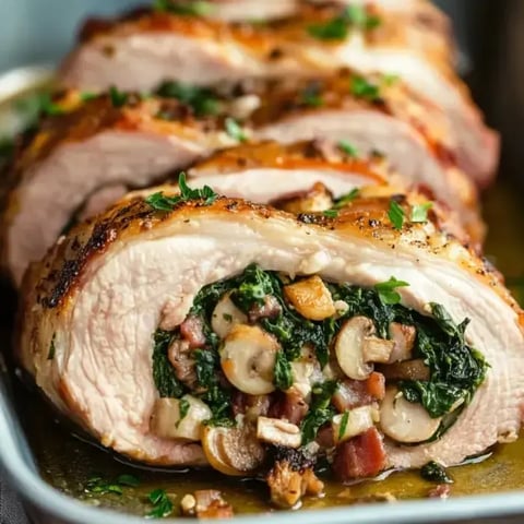 Juicy pork stuffed with spinach, mushrooms, and bacon, sliced and served with parsley garnish.