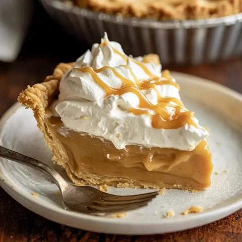 A creamy slice of pie crowned with whipped cream and caramel, served on a plate with a fork by its side.