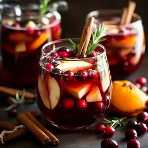 A vibrant fruit-filled drink with apple slices, cranberries, cinnamon sticks, surrounded by extras on a dark table.