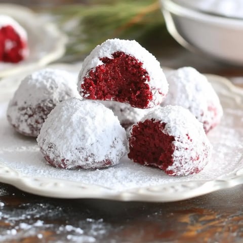 A plate of red velvet cookies dusted with powdered sugar, with one cookie partially bitten into, revealing the soft interior.