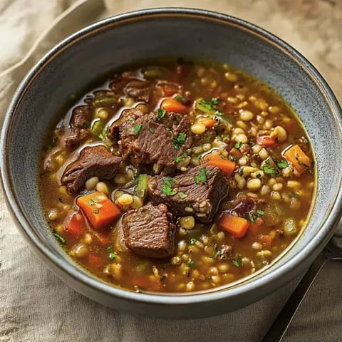 A steaming bowl of chunky beef soup topped with fresh herbs.