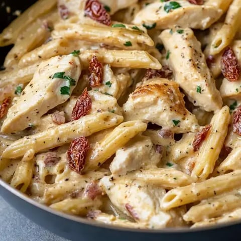 Close-up of creamy pasta with chicken and sun-dried tomatoes, topped with parsley.