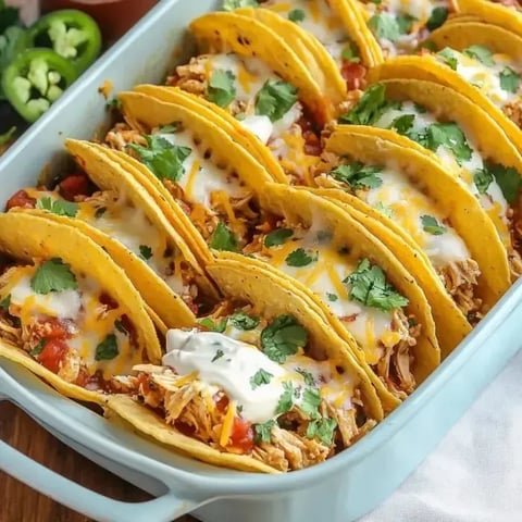 A casserole dish of tacos stuffed with shredded chicken, melty cheese, diced tomatoes, and fresh herbs.