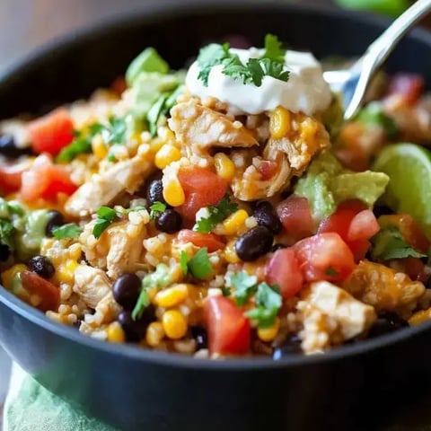 A hearty bowl of chicken, beans, rice, tomatoes, avocado, cheese, sour cream, and cilantro.