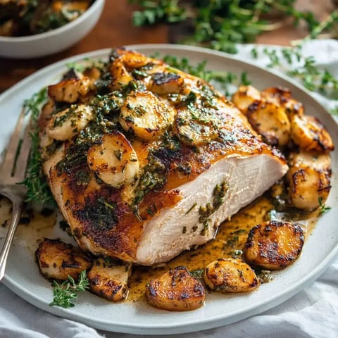 A golden turkey breast with herbs, paired with crispy potatoes on a white plate.