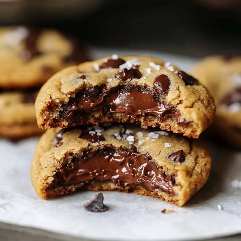 A close-up of hot, fresh chocolate chip cookies with one broken open showing a gooey chocolate middle, sprinkled with sea salt on top.