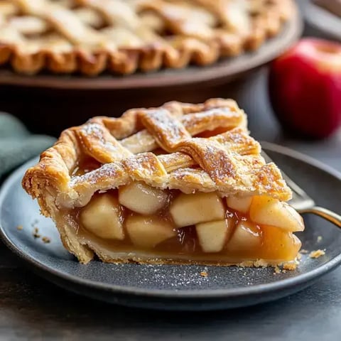 A golden slice of apple pie with a flaky lattice crust, baked apples visible inside, served on a plate with an apple in the background.