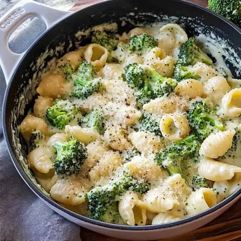 Broccoli and shell pasta in a creamy sauce topped with cheese in a pot.