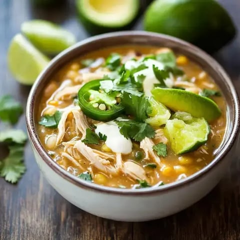 A hearty bowl of chicken chili topped with jalapeños, lime wedges, cilantro, and sour cream.