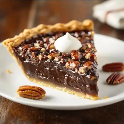 A decadent slice of chocolate pecan pie with whipped cream on a plate and a few scattered pecans.