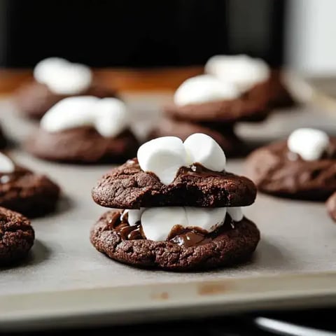Close-up of soft chocolate cookies with gooey marshmallows and melted chocolate on a baking tray.