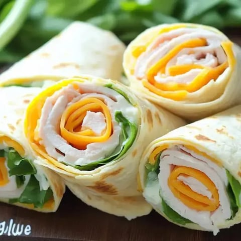 Three tortilla wraps stuffed with turkey, cheddar, and greens sit on a rustic table.