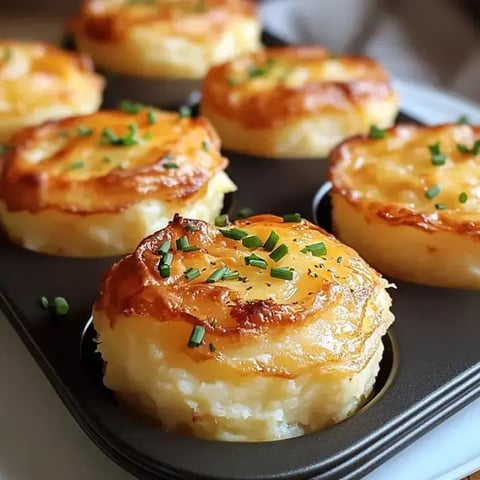 A muffin tray filled with crispy, fluffy potato bites sprinkled with chopped chives.