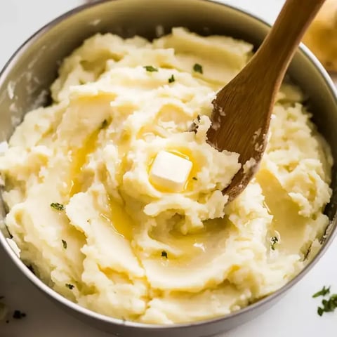 A cozy bowl of buttery mashed potatoes, melted butter pooling on top, and sprinkled with fresh herbs.