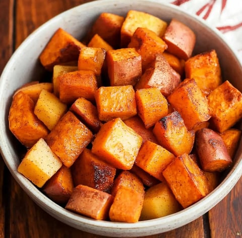 A bowl of crispy golden roasted sweet potato cubes.