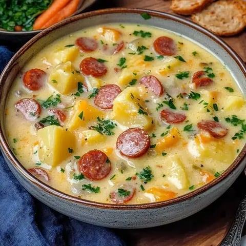 A bowl of warm cheesy soup topped with parsley, chunks of sausage, potatoes, and colorful vegetables.