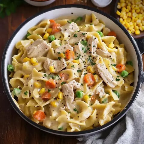 A bowl of creamy chicken pasta with corn, peas, and carrots.