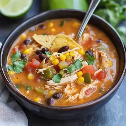 A comforting bowl of chicken soup with beans, corn, tomatoes, and cilantro, topped with tortilla strips and lime.
