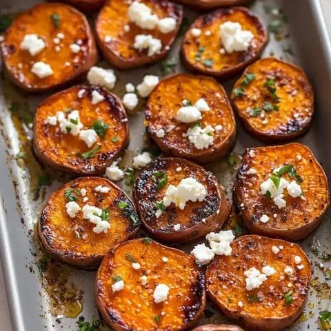 Crispy sweet potato slices with honey, crumbled feta, and herbs on a tray.