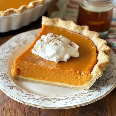 A whipped cream-topped pumpkin pie slice on a decorative plate with a full pie and jar nearby.