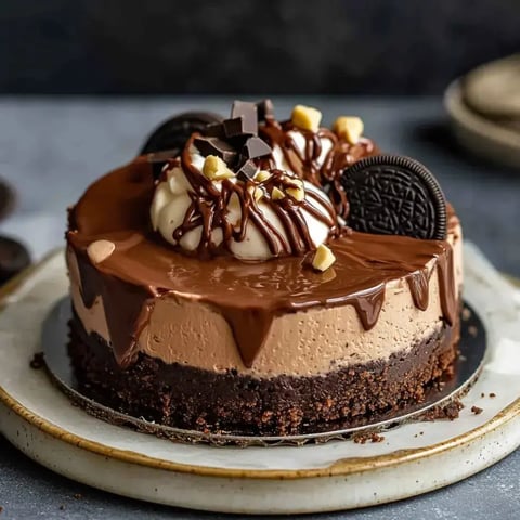 A rich Nutella cheesecake with whipped topping, chocolate drizzle, and crunchy hazelnuts over an Oreo cookie layer.