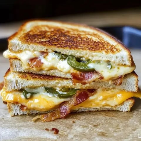 A close-up view of a grilled sandwich with roasted jalapeños, bacon, and melted cheese between crunchy toasted slices.