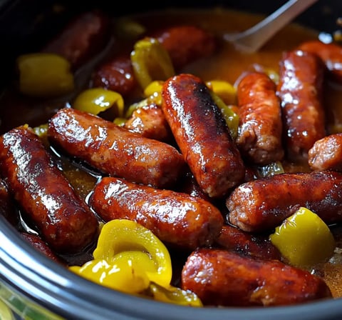 Close-up of sausages cooked with yellow peppers in a flavorful sauce, served straight from a slow cooker.