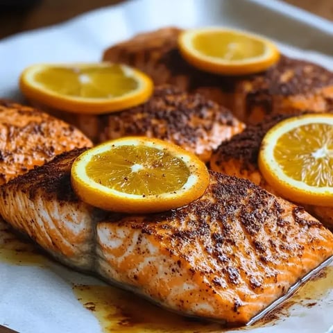 Close-up view of spiced salmon fillets with orange slices on a baking tray.
