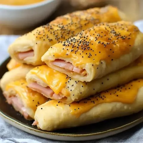 A plate holding golden, cheesy pastries stuffed with ham and topped with poppy seeds.