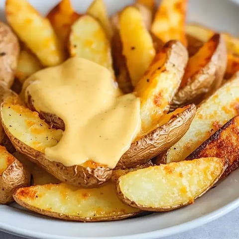 Crispy baked potato wedges topped with creamy melted cheese.