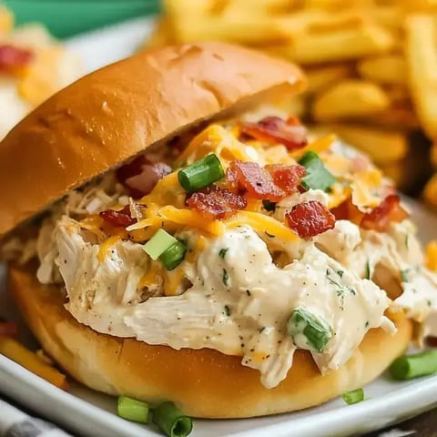 A sandwich loaded with shredded chicken, bacon, cheese, and scallions, served next to some fries.