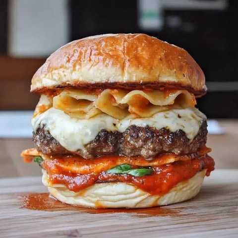 A satisfying burger featuring lasagna layers like pasta, cheese, marinara sauce, and grilled beef, inside toasty ciabatta bread.