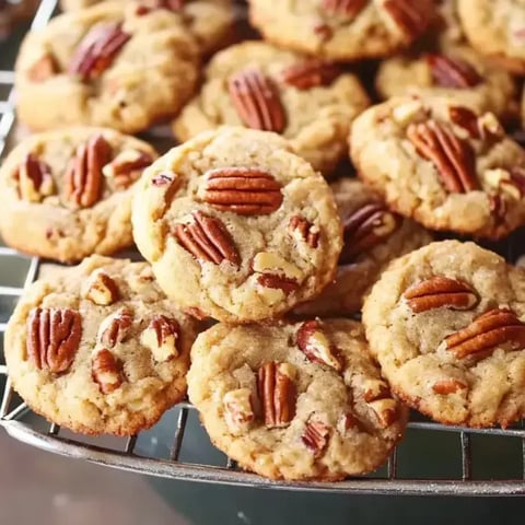 Freshly baked cookies with pecan toppings cooling on a rack.
