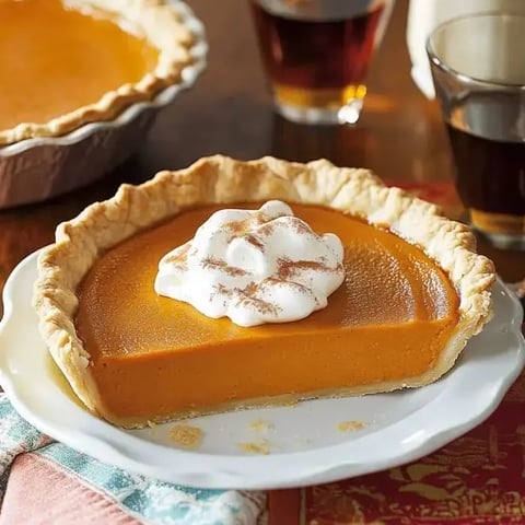 A white plate with a slice of pie topped with whipped cream and cinnamon, a whole pie, and drinks visible in the background.