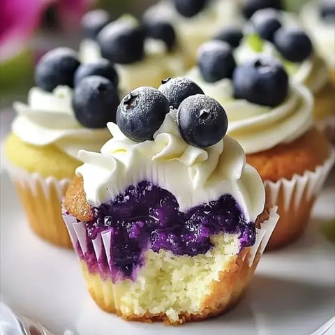 White-frosted cupcakes decorated with blueberries, one sliced open to show a purple center and golden crust.