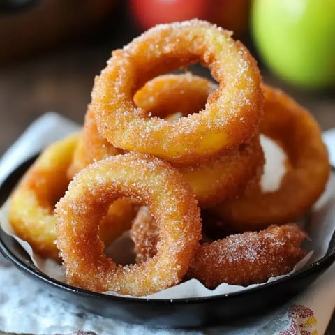 Stacked crispy, sugared cinnamon apple rings served as a tasty dessert option.