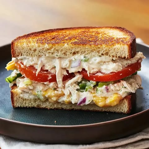 A grilled sandwich with chicken, fresh veggies, and a creamy dressing on whole grain bread.